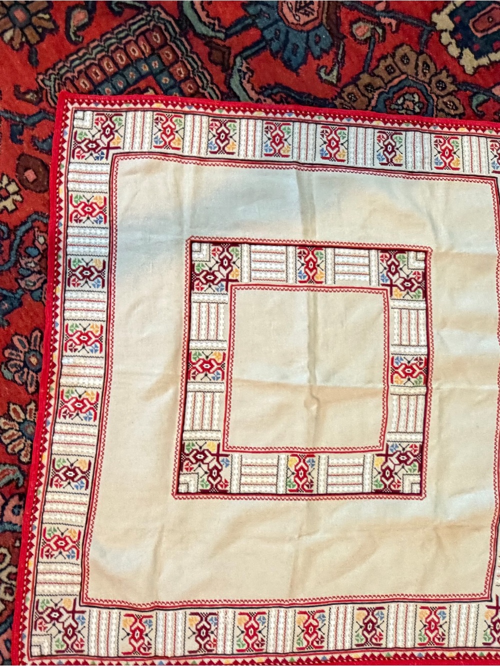 Embroidered Cream Square Tablecloth with Red Trim